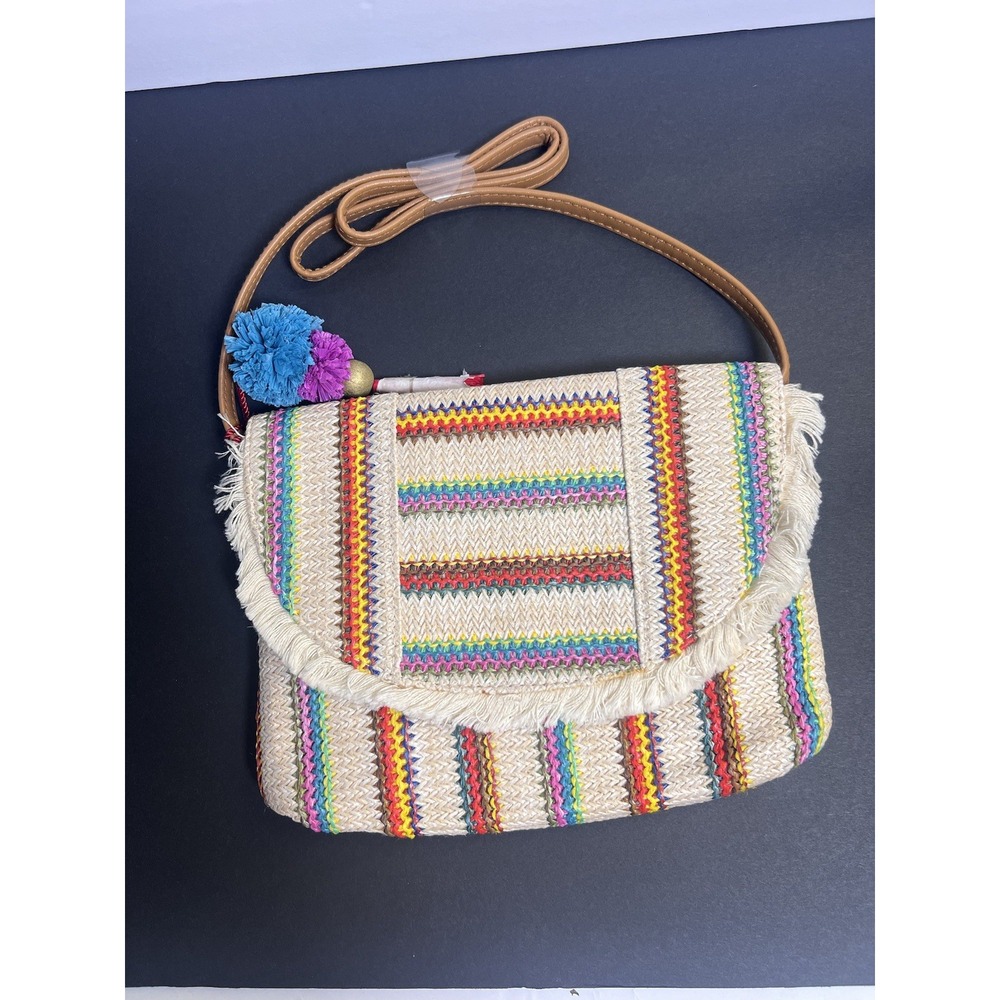 Woven Stripe Faux Straw Crossbody Beach Purse W/Tassel.  New